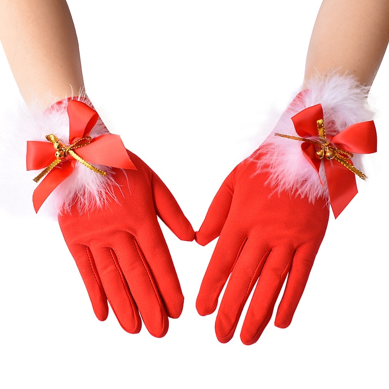 Women's Christmas Gloves Cute Feather Bell Christmas Set Paired with Gloves Elastic Milk Silk Gloves