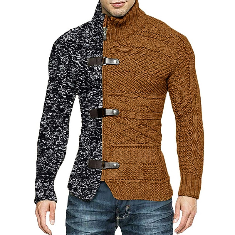 Men's Cardigan Sweater Ribbed Knit Cropped Knitted Standing Collar Warm Ups Modern Contemporary Daily Wear Going out Clothing Apparel Spring &  Fall Black White M L XL4