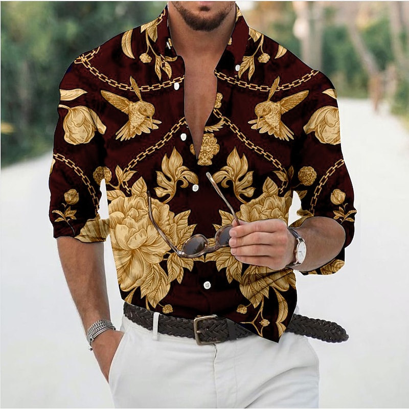 Men's Floral Chains Print Shirt Button Up Shirt Long Sleeve Vintage Fashion Designer Daily Holiday Going out Spring & Summer Turndown 3D Print Button-Down Black Red Navy Blue Green2