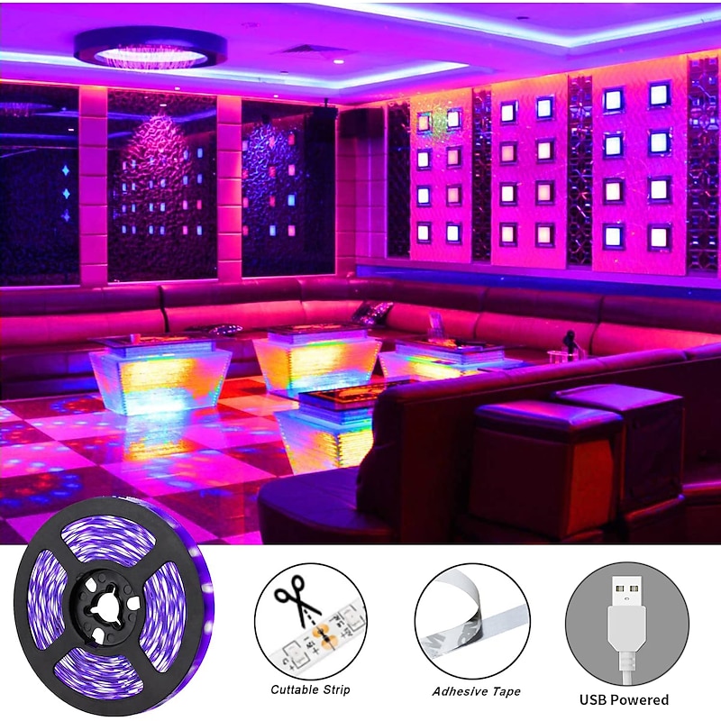 LED UV Black Light Strip Purple USB Interface with 11 Key Multi-function RF Remote Control SMD2835 380-400NM UV LED Black Light Lamp Suitable for Fluorescent Dance and UV Body Coating