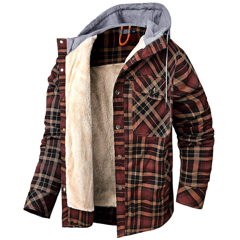 Men's Winter Jacket Shacket Flannel Fleece Jacket Daily Wear Vacation Durable Casual / Daily Pocket Spring Fall Plaid Warm Ups Comfort Hooded Regular Red Blue khaki Military Green Coffee Jacket2
