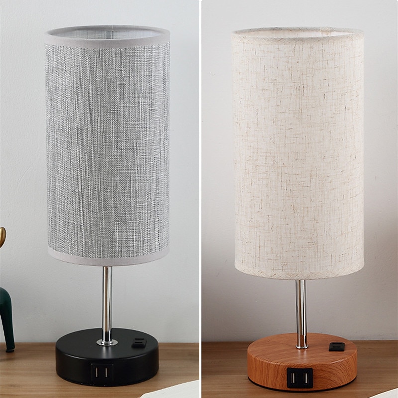 Desk Lamp USB Charging Ports, Gray Beige Bedside Lamp with AC Socket, Bedside Lamp with Zipper Switch, Minimalist Modern Desk Lamp with Fabric Shade, Suitable for Living Room Bedroom Office3