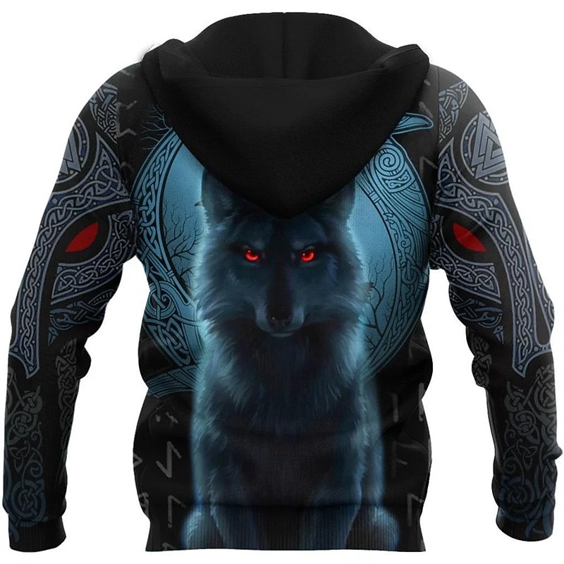 Men's Animal Wolf Graphic Prints Viking Hoodie Hoodies Sweatshirt Streetwear Designer Long Sleeve Hooded Daily Sports Blue Print Spring &  Fall Designer2
