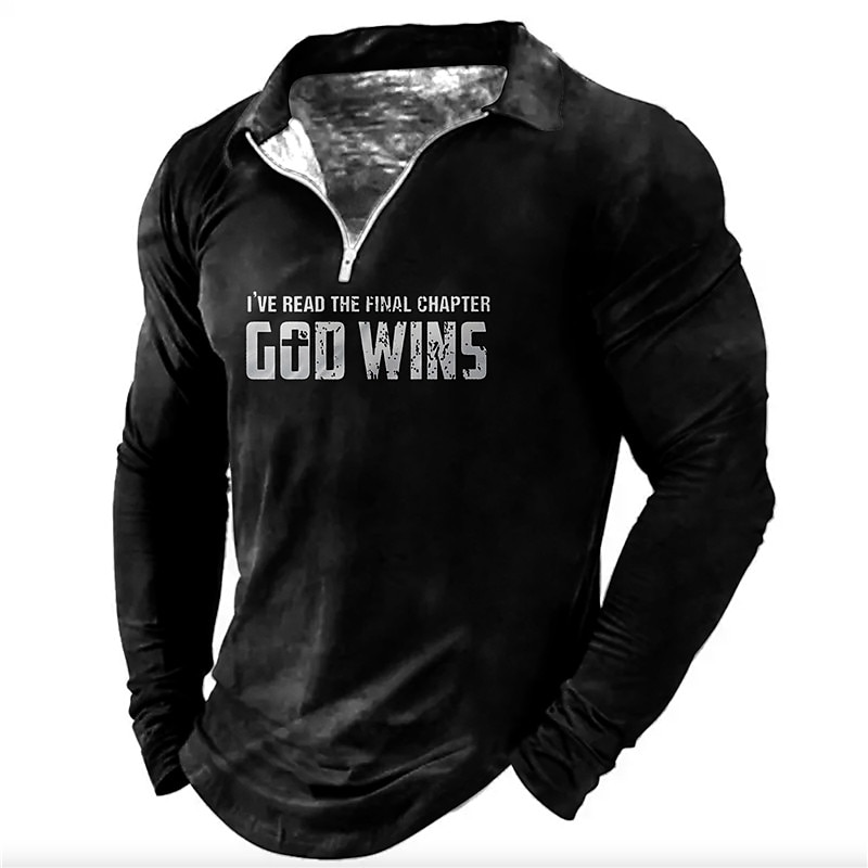 Men's Long Sleeve Quarter-Zip Polo Shirt with 'I've Read The Final Chapter God Wins' Faith Graphic
