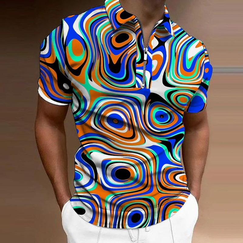 Men's Graphic Zip Polo Shirts Golf Shirt Short Sleeve Polo Shirts Collared Shirts Casual Vacation Wear Rave Wear Party Outfits 3D Print Quarter Zip Polo Sea Blue Red Blue3