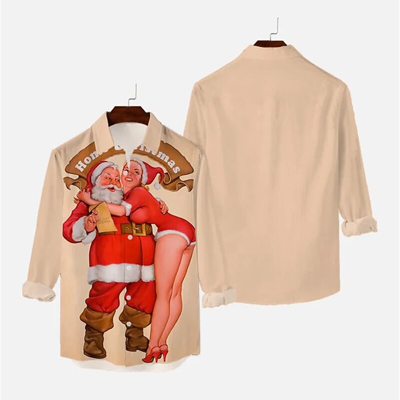 Christmas Men's Santa Claus Printed Shirts Shirts Letter Santa Claus Portrait Ugly Turndown Khaki 3D Print Outdoor Long Sleeve Button-Down Print Clothing Apparel Fashion Designer Casual4