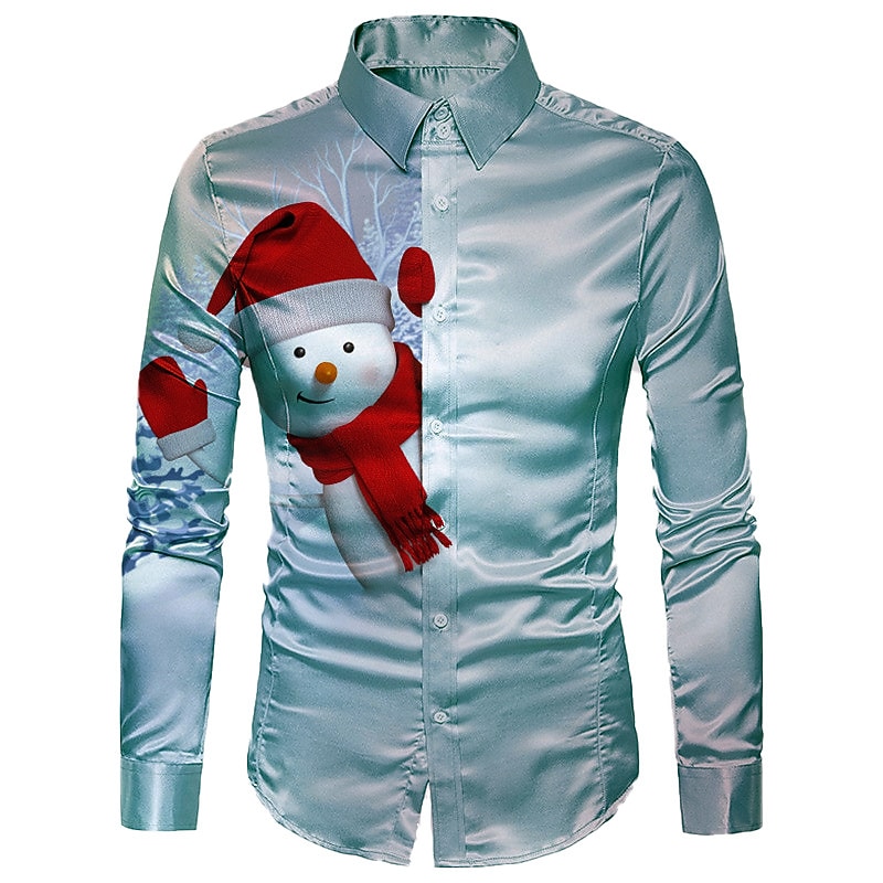 Christmas Men's Christmas Scene Printed Shirts Snowman Turndown Blue Gold Light Blue Gray 3D Print Outdoor Long Sleeve Button-Down Print Clothing Apparel Fashion Designer Casual Breathable3