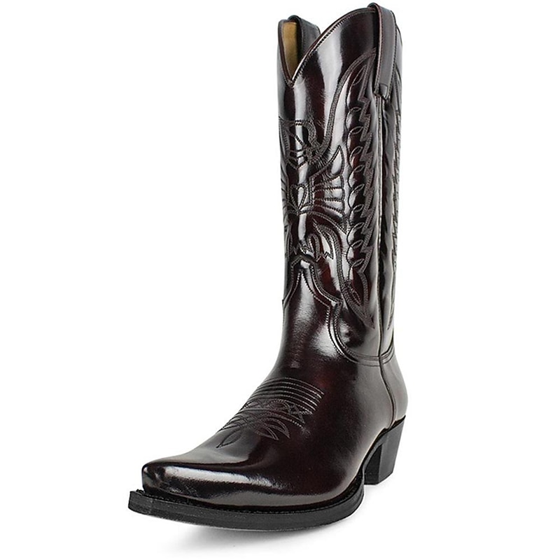 Men's Classic Brown Faux Leather Western Cowboy Boots - Embossed Pattern, Pointed Toe, and Mid-Heel for Rodeo, Ranch, and Casual Wear3