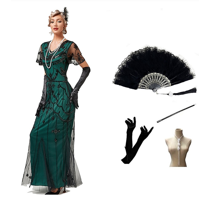 Vintage Inspired The Great Gatsby Long Length Flapper Dress Dress Outfits Illusion Sleeve The Great Gatsby Wedding Guest Sequins Sequin V Neck Fancy Dress Women's Halloween Masquerade Halloween Party4