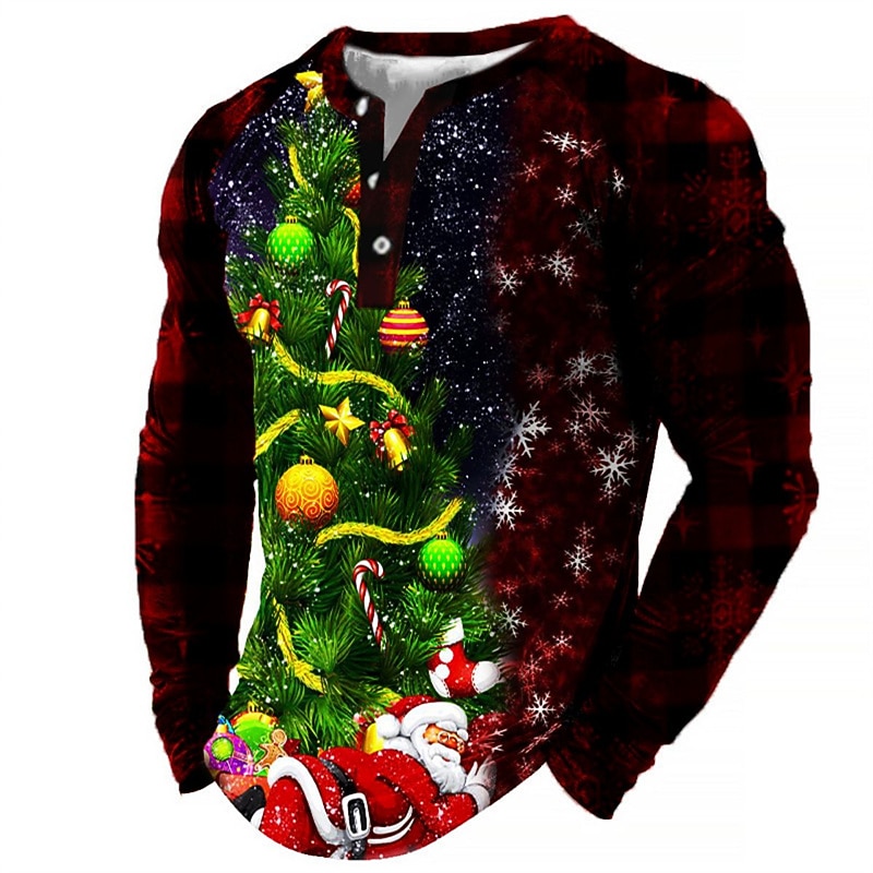 Christmas Men's Christmas tree Henley T Shirt Henley Tee Tee Graphic Tree Santa Claus Henley Black Wine Army Green Red Royal Blue 3D Print Daily Sports Long Sleeve Patchwork Button-Down Clothing