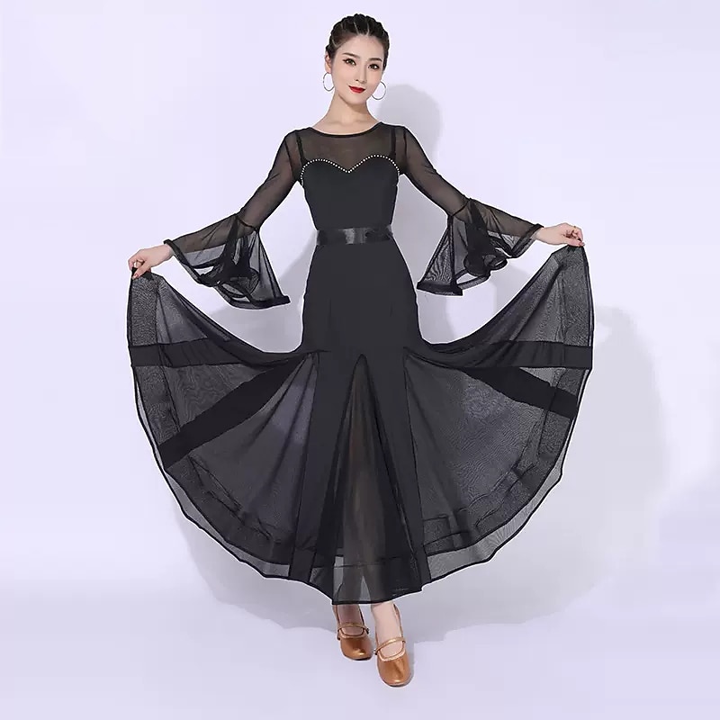Ballroom Dance Dress Splicing Crystals / Rhinestones Women's Performance Training Long Sleeve Polyester Mesh Spandex2