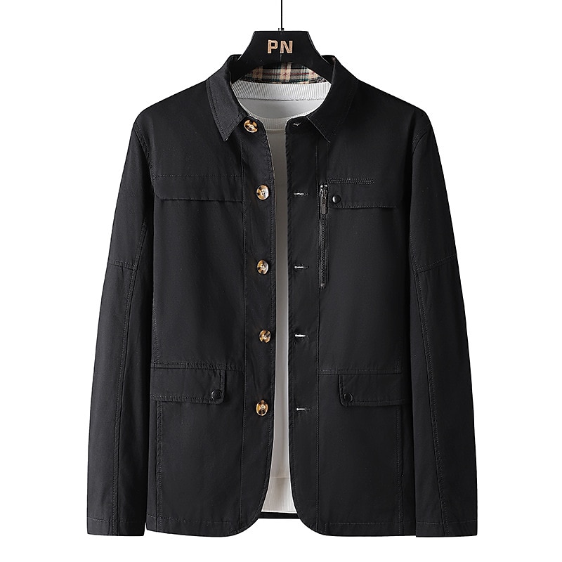 Men's Chore Jacket Daily Wear Vacation Durable Zipper Pocket Fall Winter Solid / Plain Color Comfort Leisure Lapel Regular Black Green khaki Jacket2