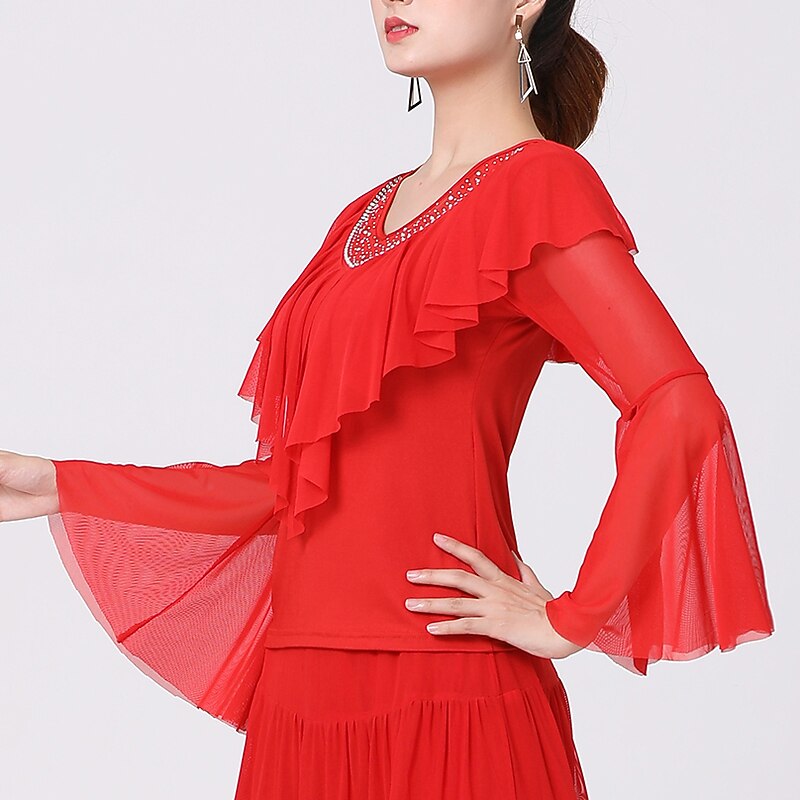 Latin Dance Ballroom Dance Top Pure Color Crystals / Rhinestones Tulle Women's Performance Training Long Sleeve High Terylene