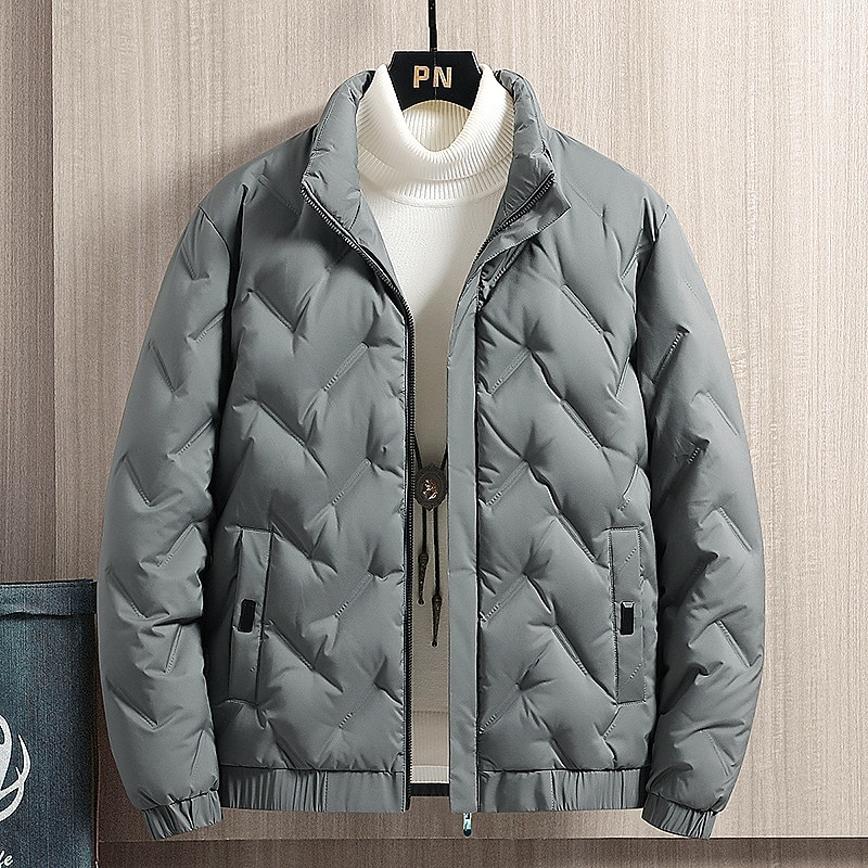 Men's Winter Coat Down Jacket Zipper Pocket Duck Down Vacation Going out To-Go Outdoor Casual / Daily Winter Pure Color Black Beige Gray Puffer Jacket