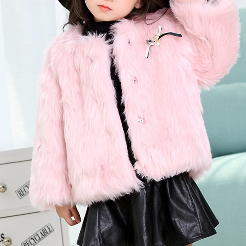 Toddler Girls' Faux Fur Coat Solid Color Active School Coat Outerwear 7-13 Years Winter Light Blue Pink khaki3