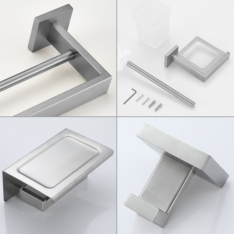 Bathroom Accessory Set 4 Piece Stainless Steel,Wall Mounted Towel Bar,Toilet Paper Holder,Toilet Brush Holder and Robe Hook,Bathroom Hardware Set(Black/Golden/Chrome/Brushed Nickel)4