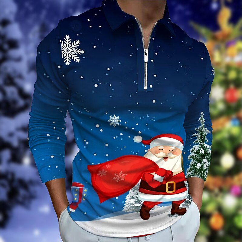 Christmas Men's Christmas Scene 3D Zipper Polo Collar Golf Santa Claus Collar Red Street Long Sleeve Zipper Clothing Apparel Fashion Casual Breathable Comfortable4
