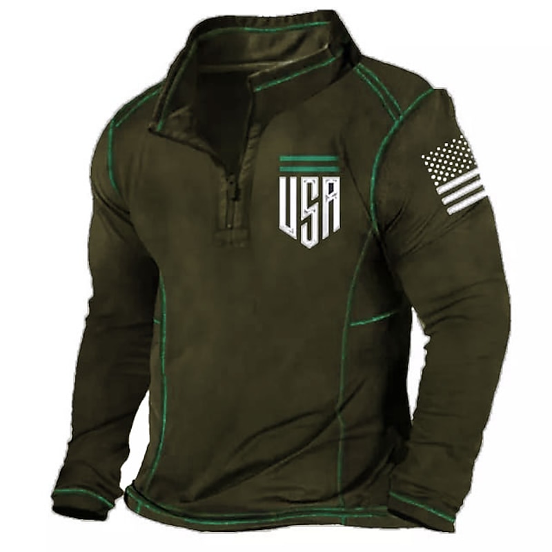 Men's Long Sleeve Quarter-Zip USA American Flag Patriotic Pullover Shirt4