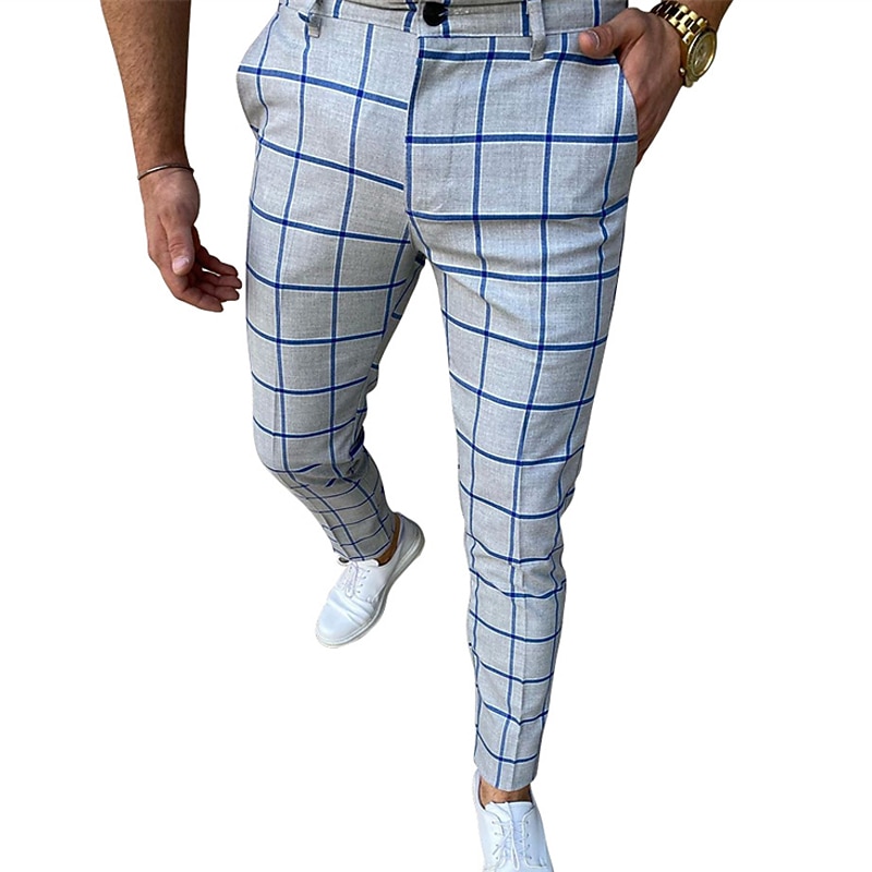 Men's Trousers Chinos Jogger Pants Plaid Dress Pants Pocket Breathable Soft Casual Daily Fashion Streetwear Blue Orange Micro-elastic3