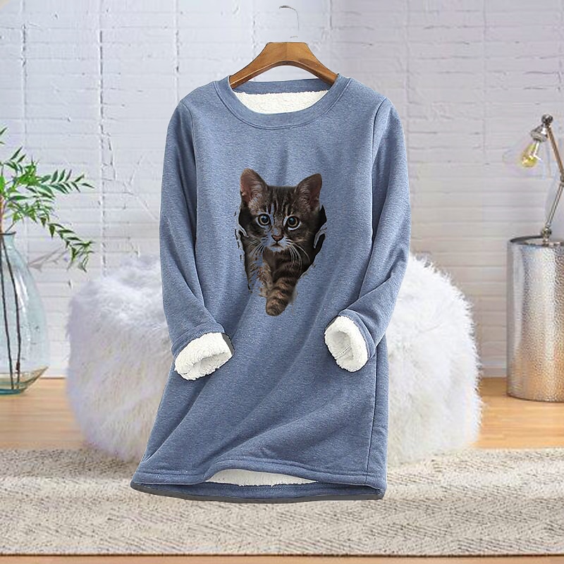 Women's Sweatshirt Pullover Sherpa Fleece Teddy Black Blue Red Cat Dailywear Round Neck Long Sleeve Fleece S M L XL 2XL 3XL / Fleece lined3
