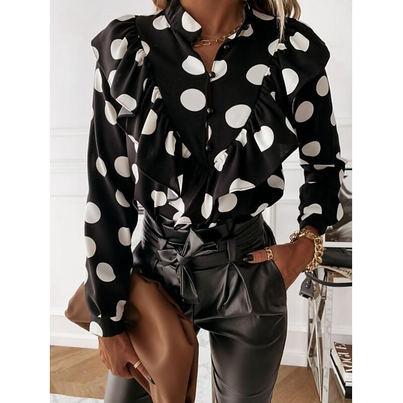 Women's Blouse Round Dots Elegant & Luxurious Office Ruffle pale pinkish gray Black dots black polka dot big white dots White Spring &  Fall3