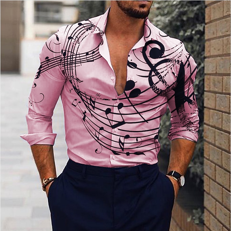 Men's Boardmasters Music Notes Shirt Button Up Shirt Long Sleeve Fashion Designer Casual Outdoor Casual Holiday Summer Spring Turndown Print Button-Down White Pink Blue Purple2