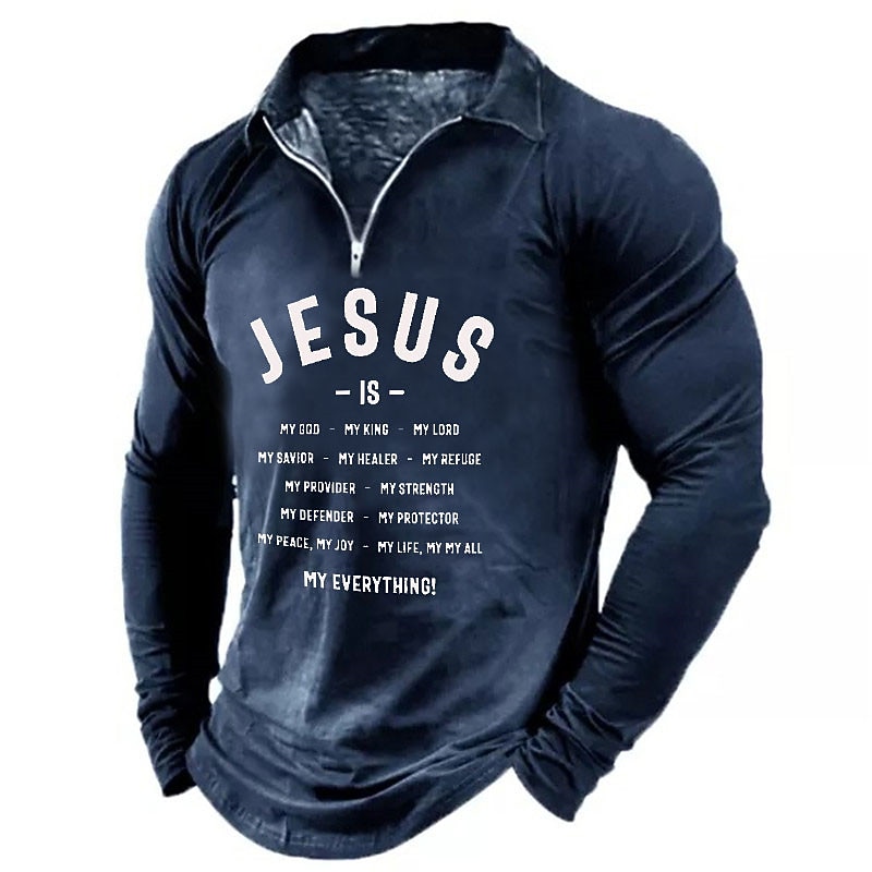 Men's Jesus Christian Zip Polo Shirts Golf Shirt Long Sleeve Polo Shirts Collared Shirts Vintage Casual Vacation Wear Festival Wear Party Outfits 3D Print Quarter Zip Polo Wine Blue Dark Green3