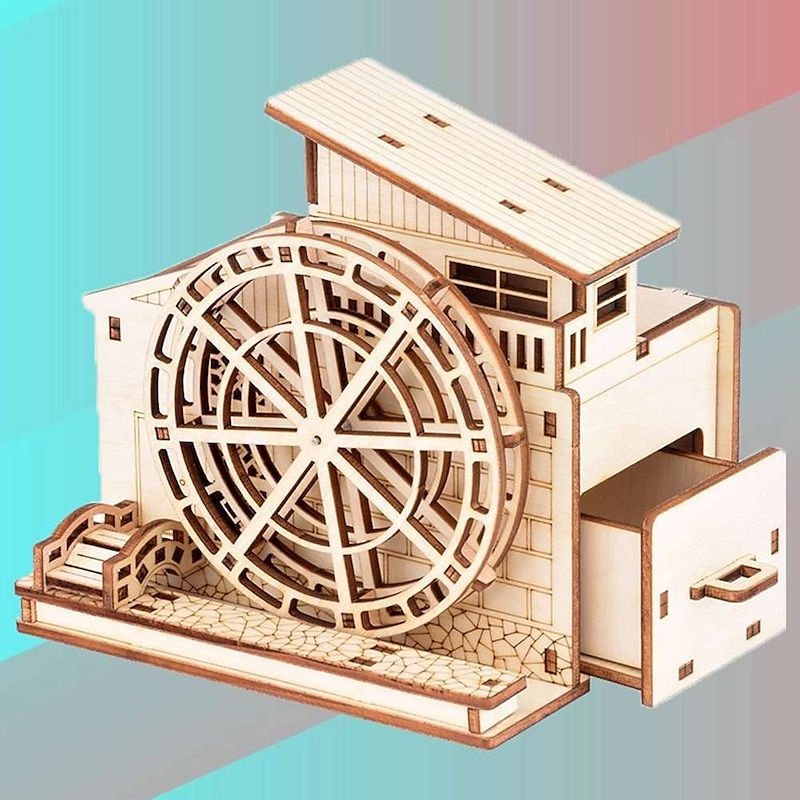 DIY Handmade Wooden Assembled Waterwheel Pen Holder Model Wooden 3D Three-Dimensional Puzzle Educational Toy Children's Gift-Waterwheel 95 x 117 x 113 mm