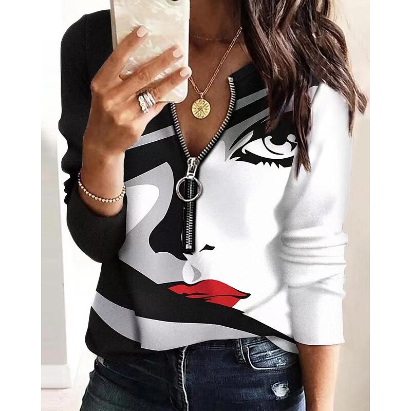 Women's Blouse Zip Up Sweatshirt Sweatshirt Pullover Streetwear Basic Geometric Color Block Abstract Office Casual V Neck Zipper Long Sleeve Black Grey Multicolor Apricot Spring Fall Winter2