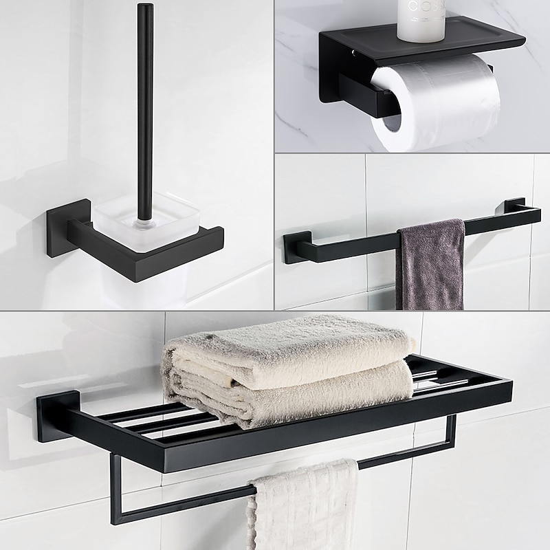 Bathroom Hardware Set 4 Pieces, SUS304 Stainless Steel Remodeled Wall Mounted Bathroom Accessories, Include 1 Towel Rack, 1 Towel Holder.1 Toilet Paper Holder,1 Toliet Brush Sets