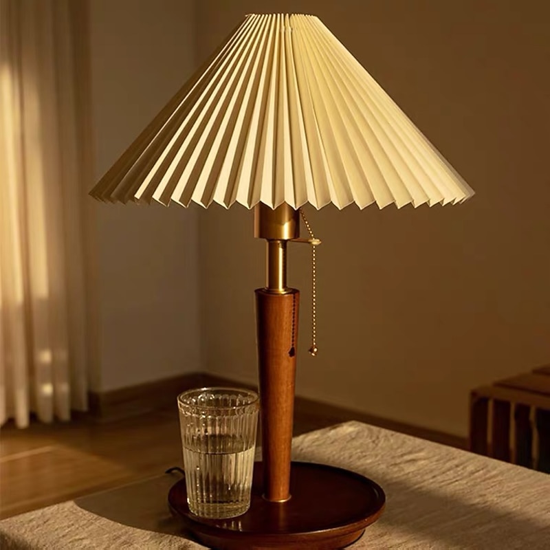 Table Lamp with Cloth Shade and Brass Lamp Head Living Room Bedroom, Pull Switch Table Lamp, Pull Switch Table Lamp, 5W Wood Bedside Nightstand Lamp 110-240V3