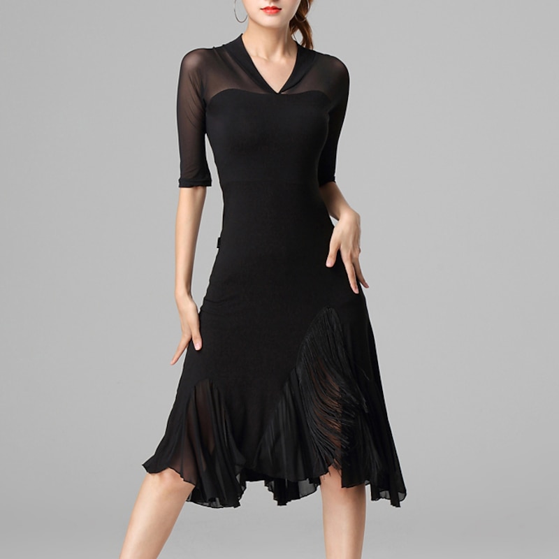 Latin Dance Dress Tassel Pure Color Women's Performance Daily Wear Half Sleeve High Crystal Cotton