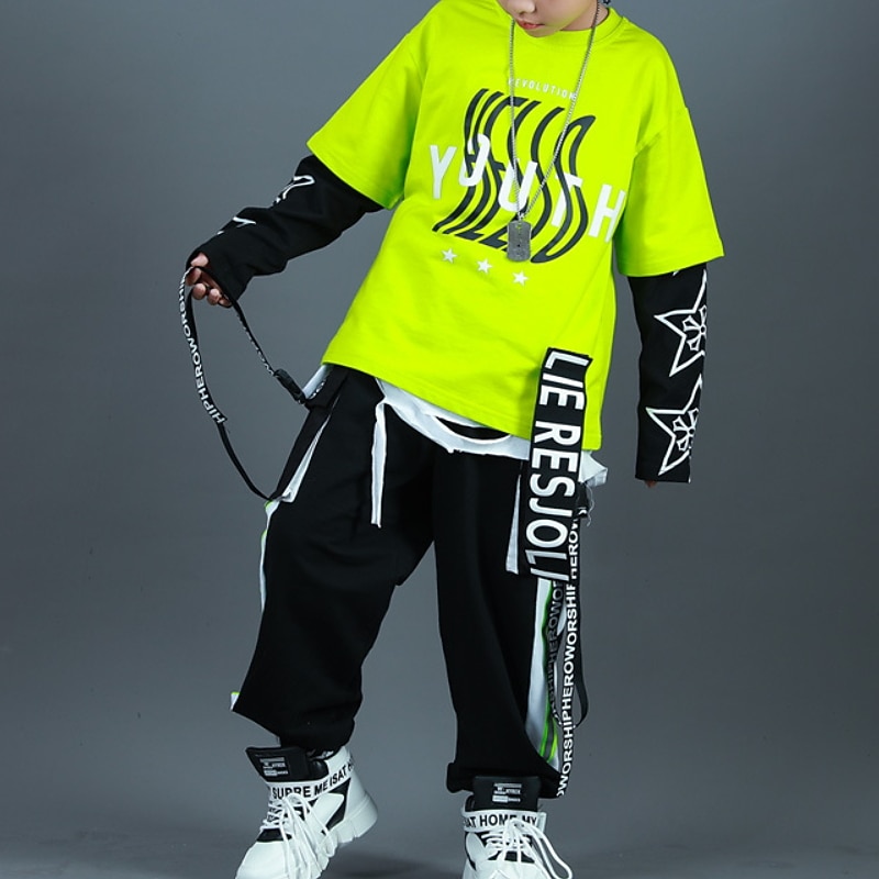 2 Pieces Kids Boys T-shirt & Pants Clothing Set Outfit Letter Long Sleeve Patchwork Cotton Set Outdoor Fashion Cool Winter Fall 7-13 Years Green3