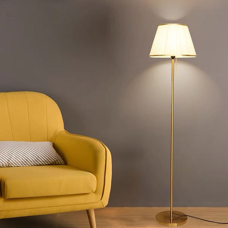 Modern Floor Lamp for Living Room, Height Adjustable Standing Lamp with Brass Base, Gold Brass Tall Post Light with White Linen Shade for Reading, Bedroom, Pull Chain Switch, Bulb Included