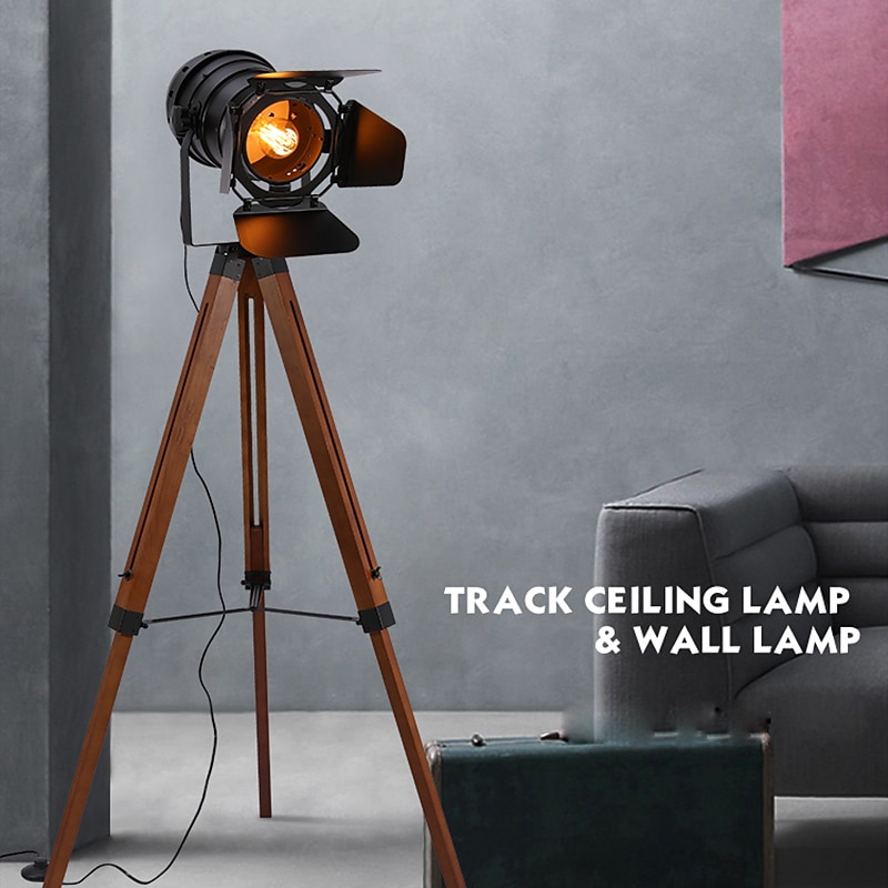 Cinema Projector Floor Lamp, Farmhouse Tripod Lamp for Bedrooms Vintage Steampunk Adjustable 59" Black Metal Camera Wooden High Lights for Study Corner, Office,Brown3