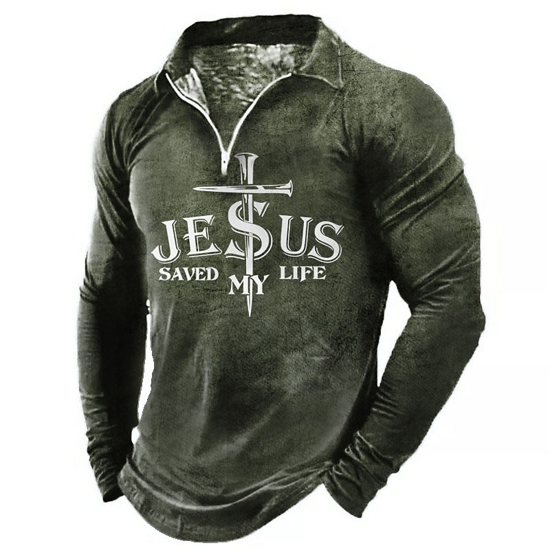 Men's Jesus Christian Zip Polo Shirts Golf Shirt Long Sleeve Polo Shirts Collared Shirts Vintage Casual Vacation Wear Festival Wear Party Outfits 3D Print Quarter Zip Polo Black Blue Green