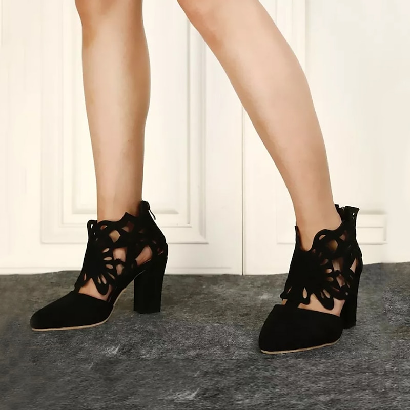 Women's Black Cutout Block Heel Pumps – Stylish Pointed Toe Shoes with Floral Design for Parties or Evening Wear