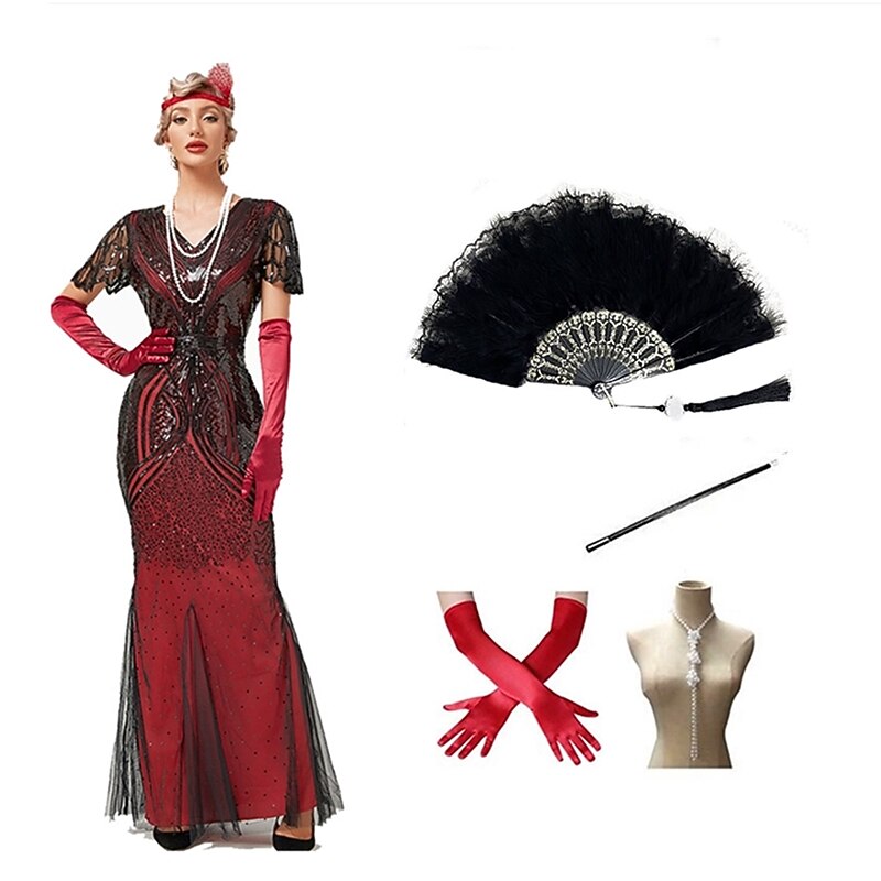 Vintage Inspired The Great Gatsby Long Length Flapper Dress Dress Outfits Illusion Sleeve The Great Gatsby Wedding Guest Sequins Sequin Halloween V Neck Fancy Dress Women's Halloween Masquerade3