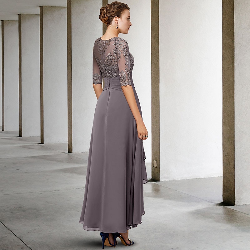 A-Line Mother of the Bride Dress Wedding Guest Elegant Plus Size High Low V Neck Asymmetrical Ankle Length Chiffon Lace Half Sleeve with Beading Appliques2