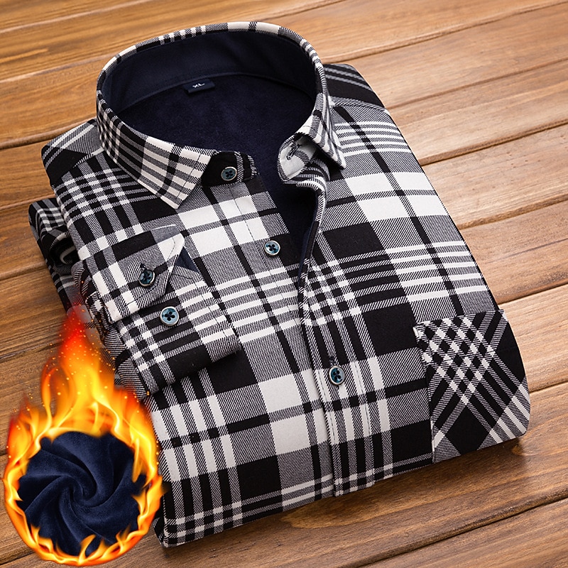 Men's Dress Shirt Plaid Shirt Collared Shirt Fleece Shirt Button Up Shirt Tartan Wedding Outdoor Black Navy Blue Royal Blue Blue Long Sleeve Turndown Fall Winter Clothing Apparel