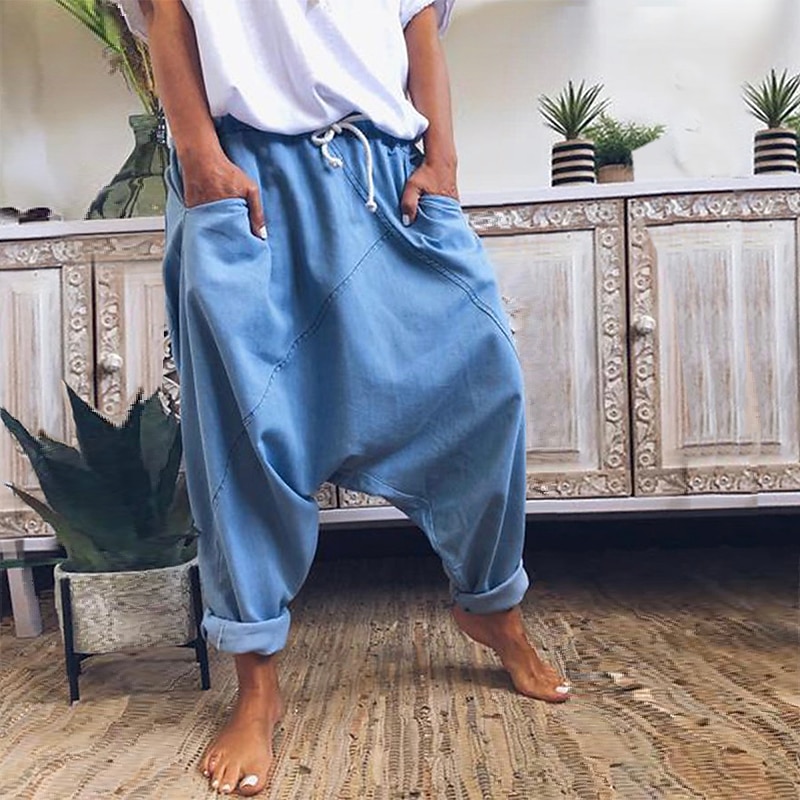 Women's Fashion Streetwear Chinos Harem Pants Side Pockets Baggy Elastic Drawstring Design Full Length Pants Casual Weekend Micro-elastic Plain Linen / Cotton Blend Comfort Mid Waist Loose Blue Gray