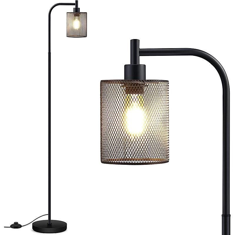Industrial Floor Lamp for Living Room, Standing Lamp with Hanging Iron Mesh Shade, 8W LED Bulb, Tall Standing Lamp with Foot Switch for Bedroom, Black