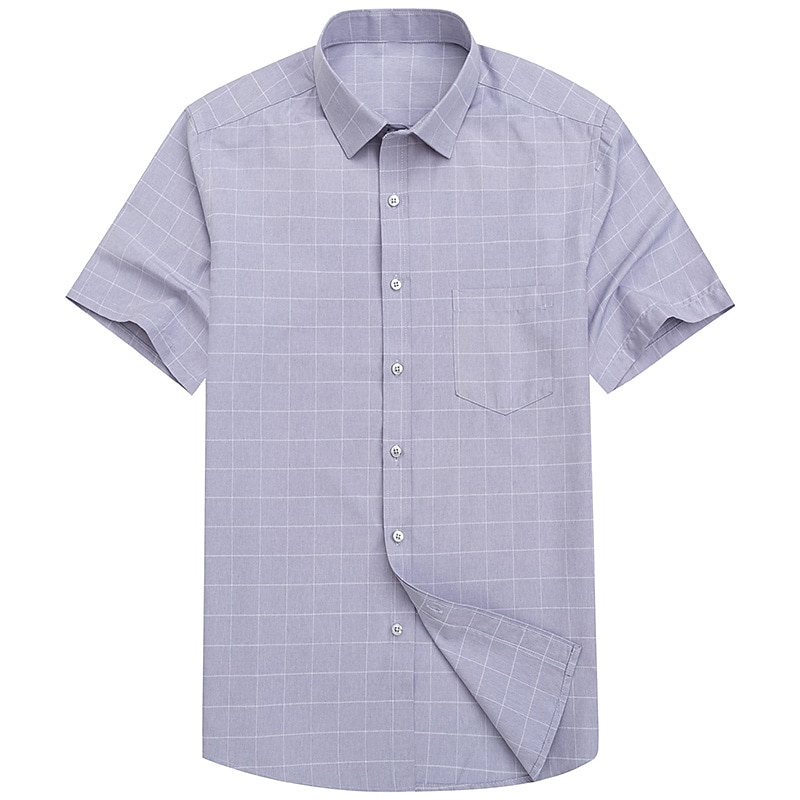 Men's Dress Shirt Non Iron Shirt Plaid / Striped / Chevron / Round Wedding Blue Gray Light Blue Short Sleeve Turndown Summer Spring Clothing Apparel4