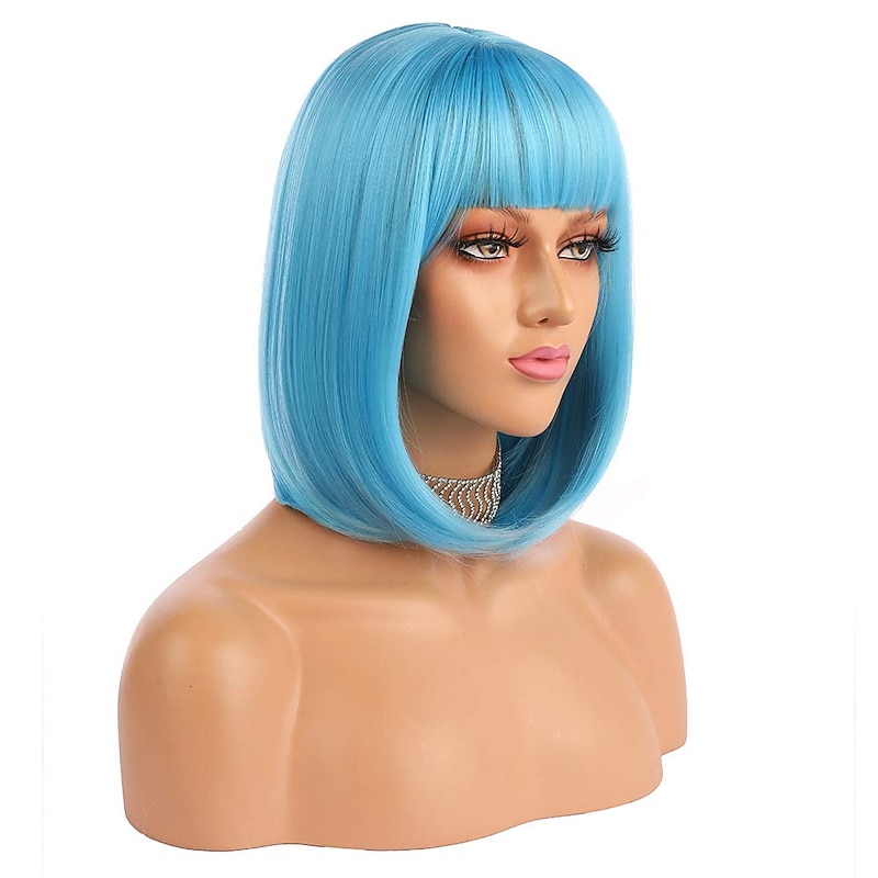 Short Bob Hair Wigs 12 Straight with Flat Bangs Synthetic Colorful Cosplay Daily Party Wig for Women Natural As Real Hair
