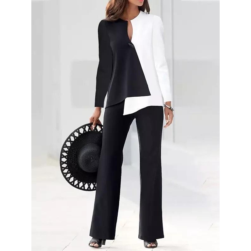 Women's Vintage Business Office Suit Dress Pants Long Sleeve V Neck Printing Patchwork Work Black White Fall & Winter