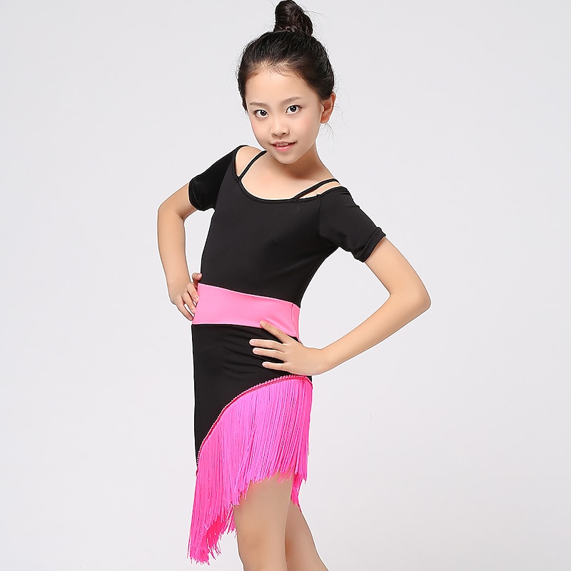 Latin Dance Kids' Dancewear Dress Tassel Splicing Girls' Performance Training Short Sleeve High Cotton Blend3