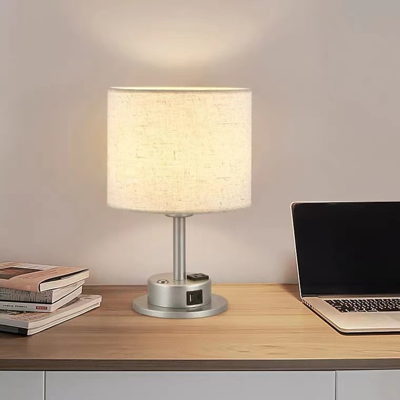 Bedside Lamp with USB Port - Touch Control Table Lamp for Bedroom Wood Nightstand Lamp with Round Flaxen Fabric Shade for Living Room, Dorm, Home Office (LED Bulb Included)4