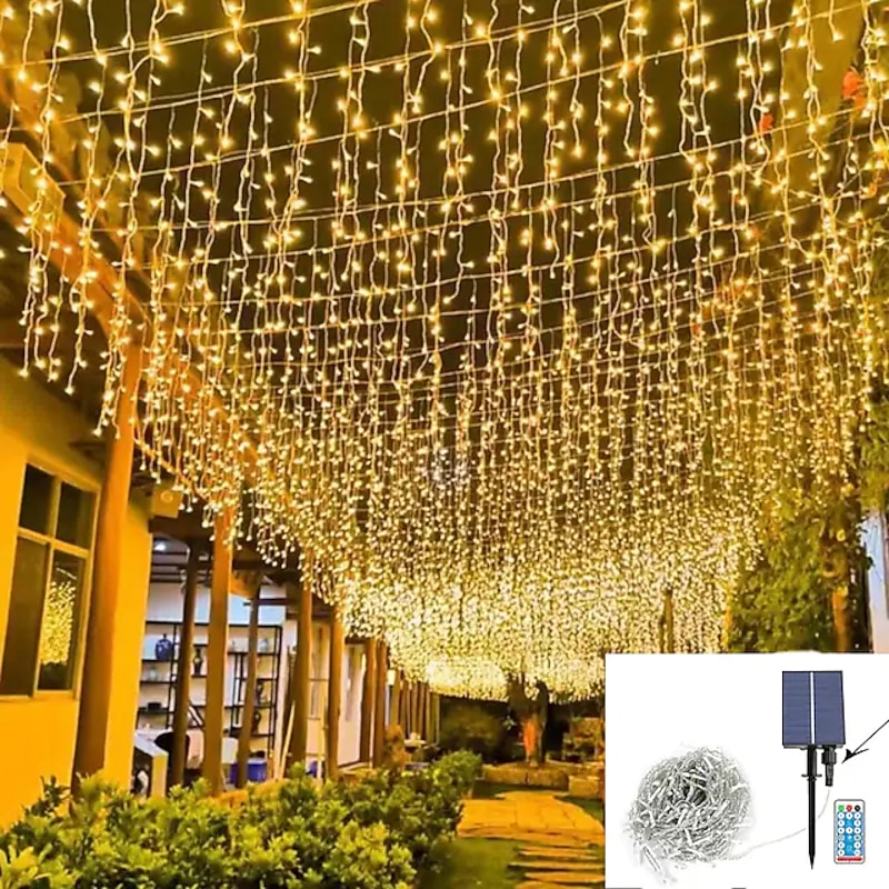 Elegant Wedding Reception Party Icicle String Lights Christmas Lights Outdoor Decorations 3x0.8m Solar LED Garland Curtain Light Outdoor Indoor 8 Modes With Remote For Party Wedding