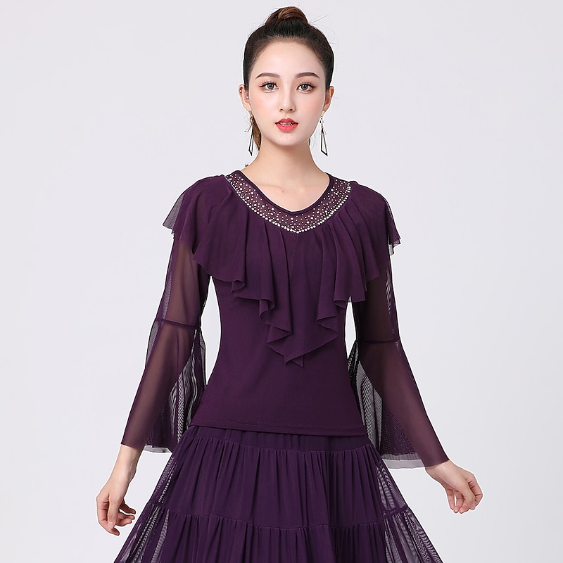Latin Dance Ballroom Dance Top Pure Color Crystals / Rhinestones Tulle Women's Performance Training Long Sleeve High Terylene4