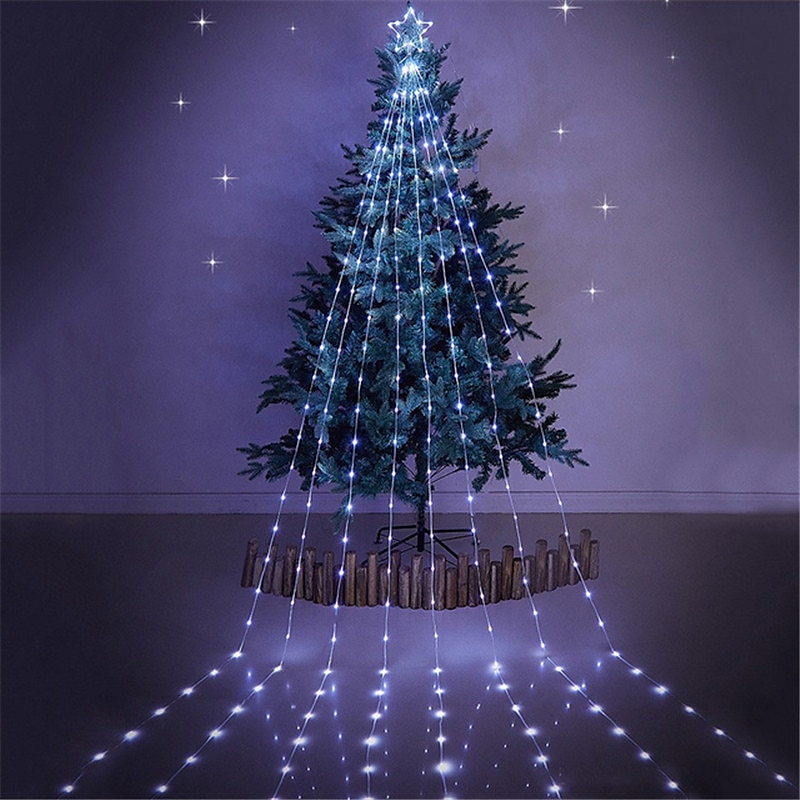 Christmas Star String Lights Outdoor Decorations 9X2M 180LED Waterfall Tree Fairy Lights with Top Star For Garland Yard Party Holiday Xmas Colorful Light AC220V EU Plug4